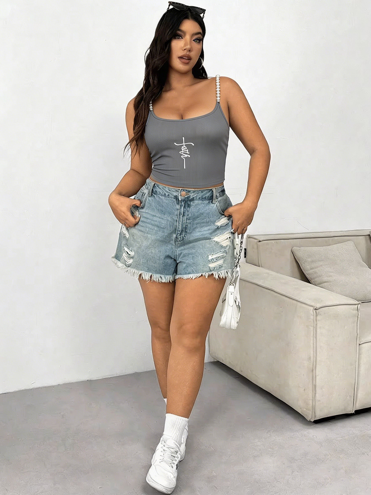 Tank Top Ribbed - Plus Size Square Neck Pearl Strap