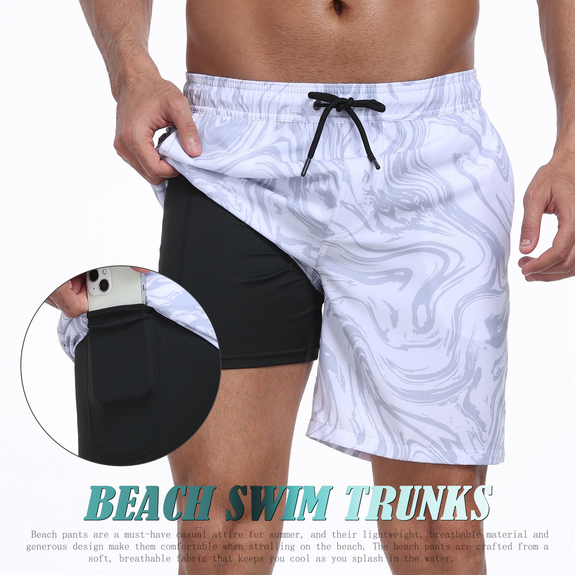 Mens Shark Pattern 2 in 1 Boar - Long Leg Trunk Men 评论和价格