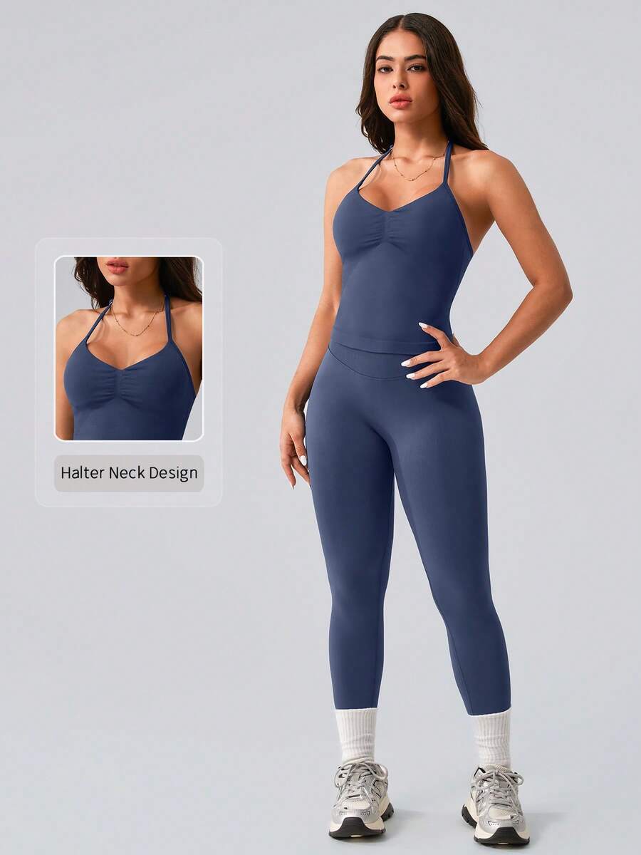 Womens Halter Neck Yoga Set Ri - Tank Top Ribbed 评论和价格