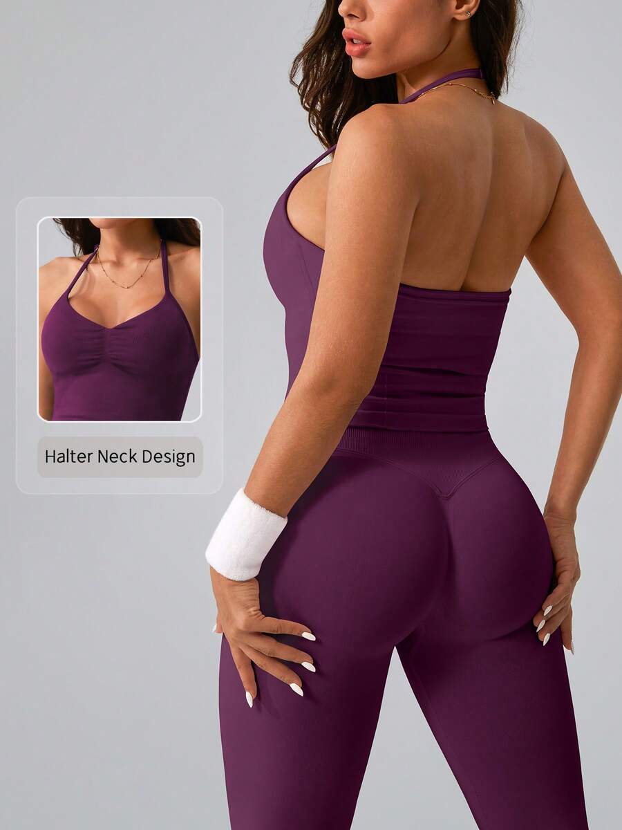 Womens Halter Neck Yoga Set Ri - Tank Top Ribbed 评论和价格
