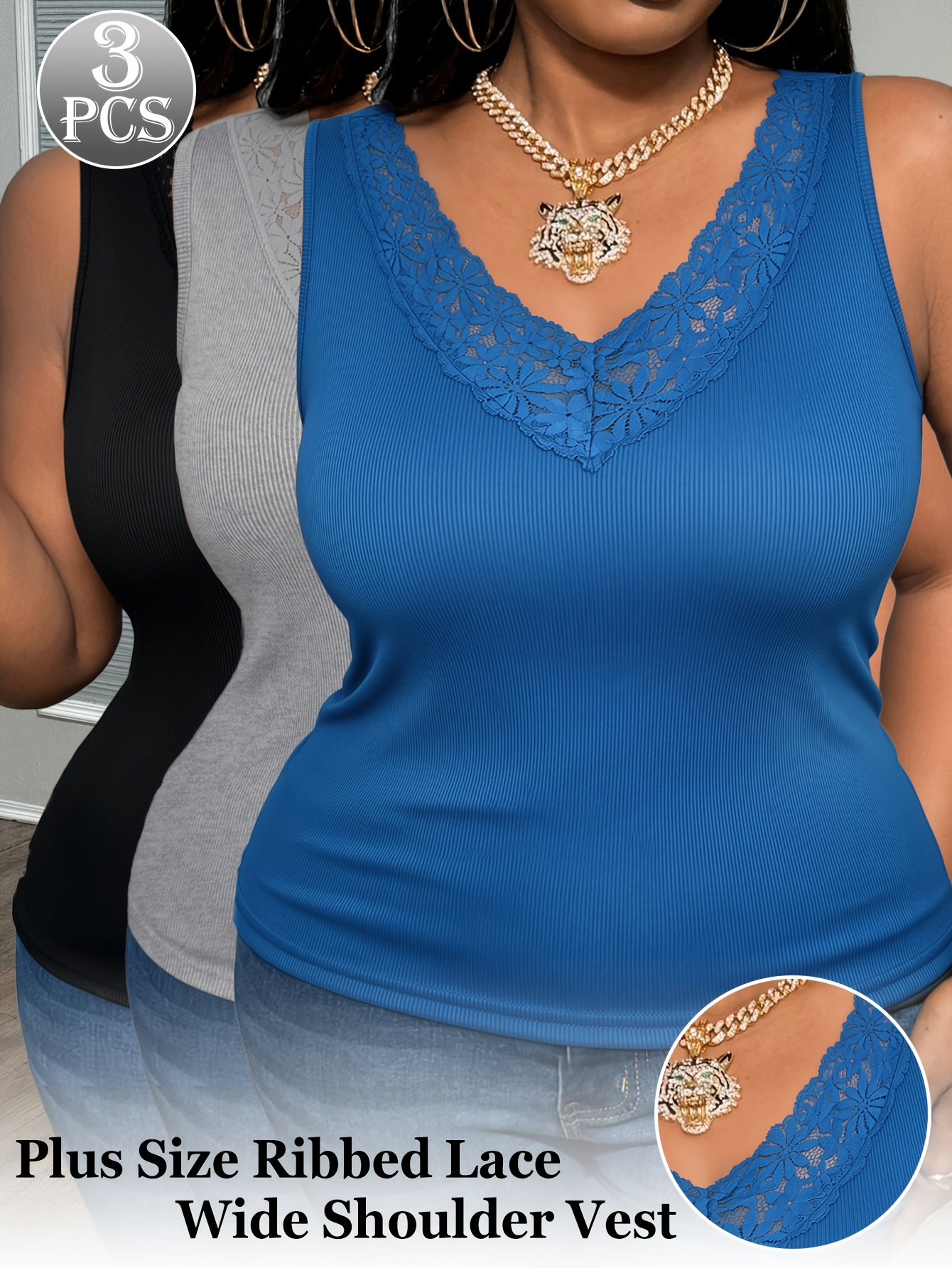 3-Pack Plus Size Lace V-Neck V - Sleeveless Undershirt 评论和价格