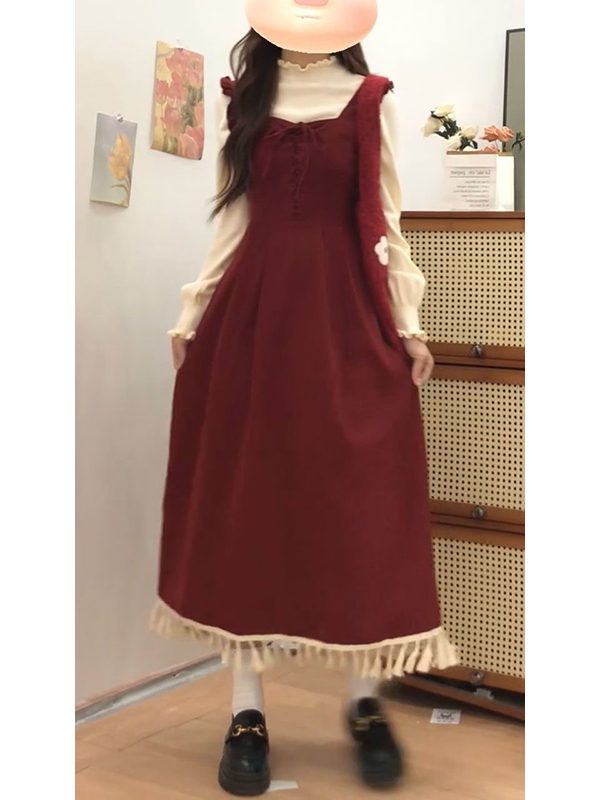 Elegant Red Tassel Vest Dress  - Base Layer Top 评论和价格