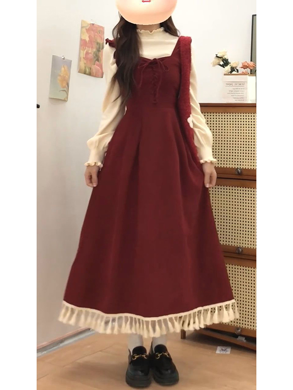 Elegant Red Tassel Vest Dress  - Base Layer Top 评论和价格